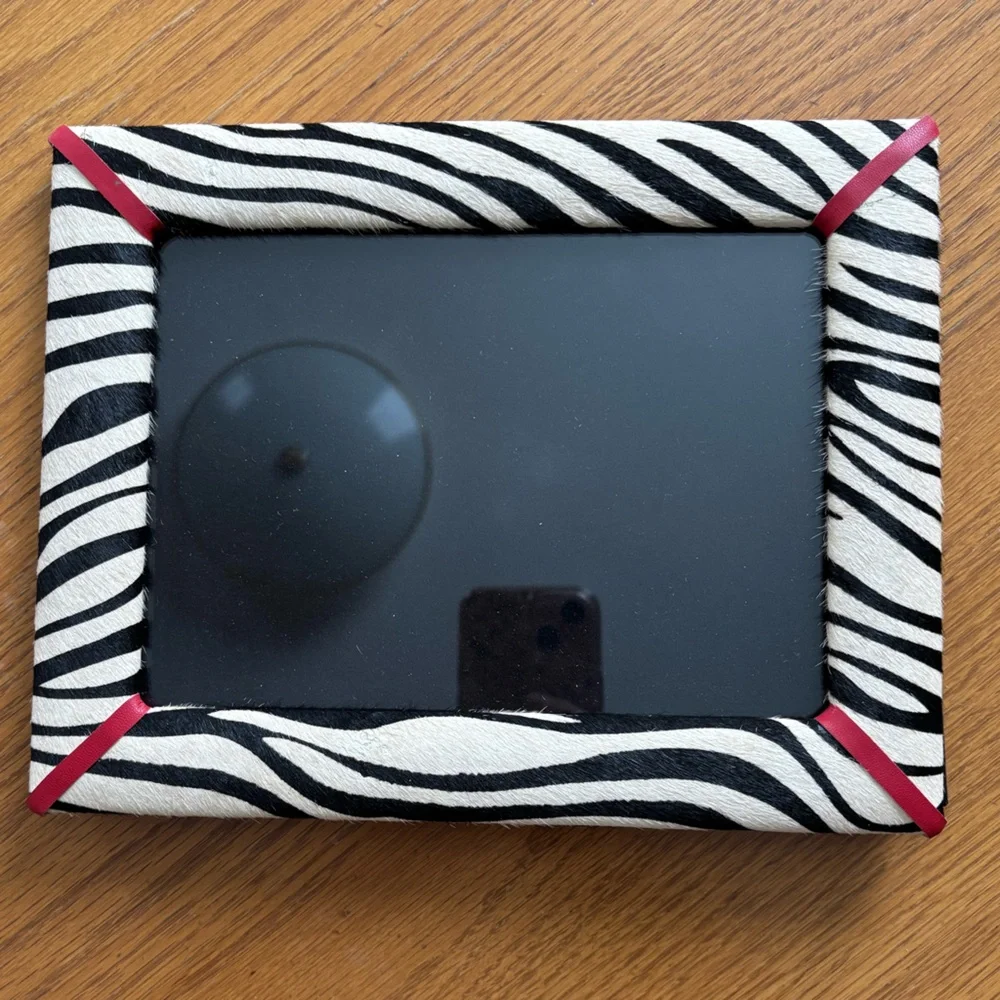 J McLaughlin Pony Hair Leather Picture Frame, Black Cream Zebra Print 5X7” Photo